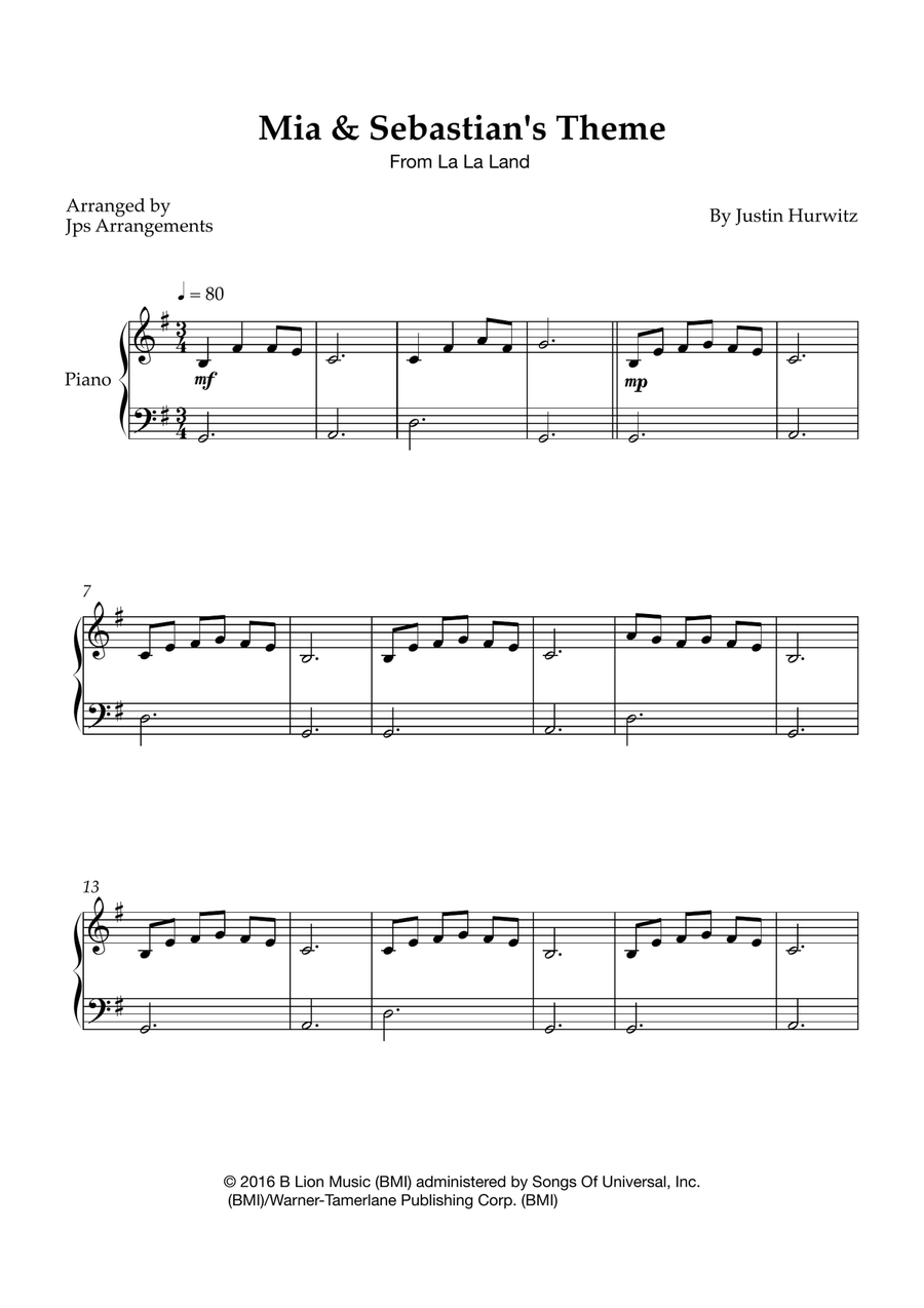 Mia & Sebastian's Theme Easy Piano scores gallery preview page 1