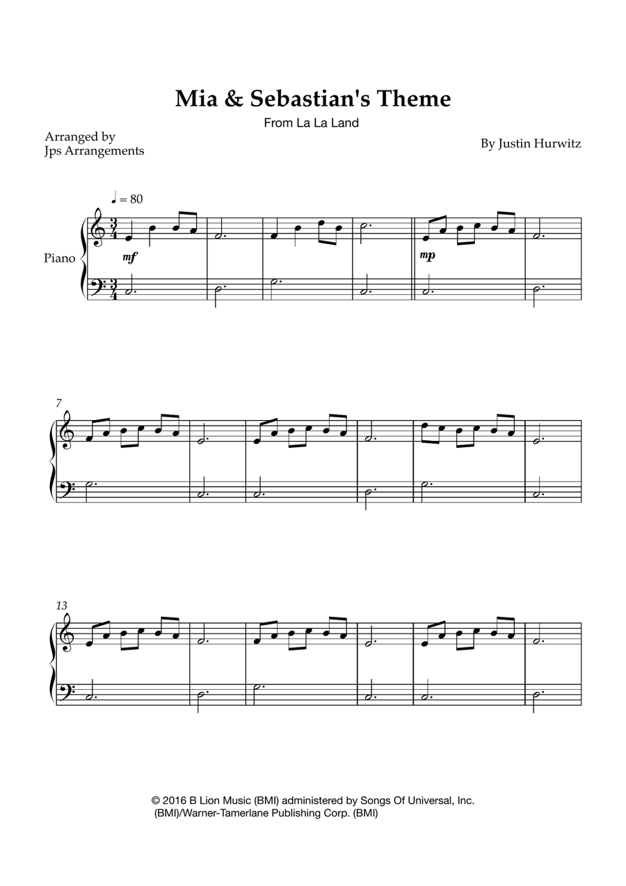 Mia & Sebastian's Theme Easy Piano scores gallery preview page 1