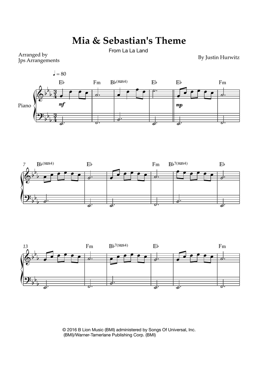 Mia & Sebastian's Theme Easy Piano scores gallery preview page 1