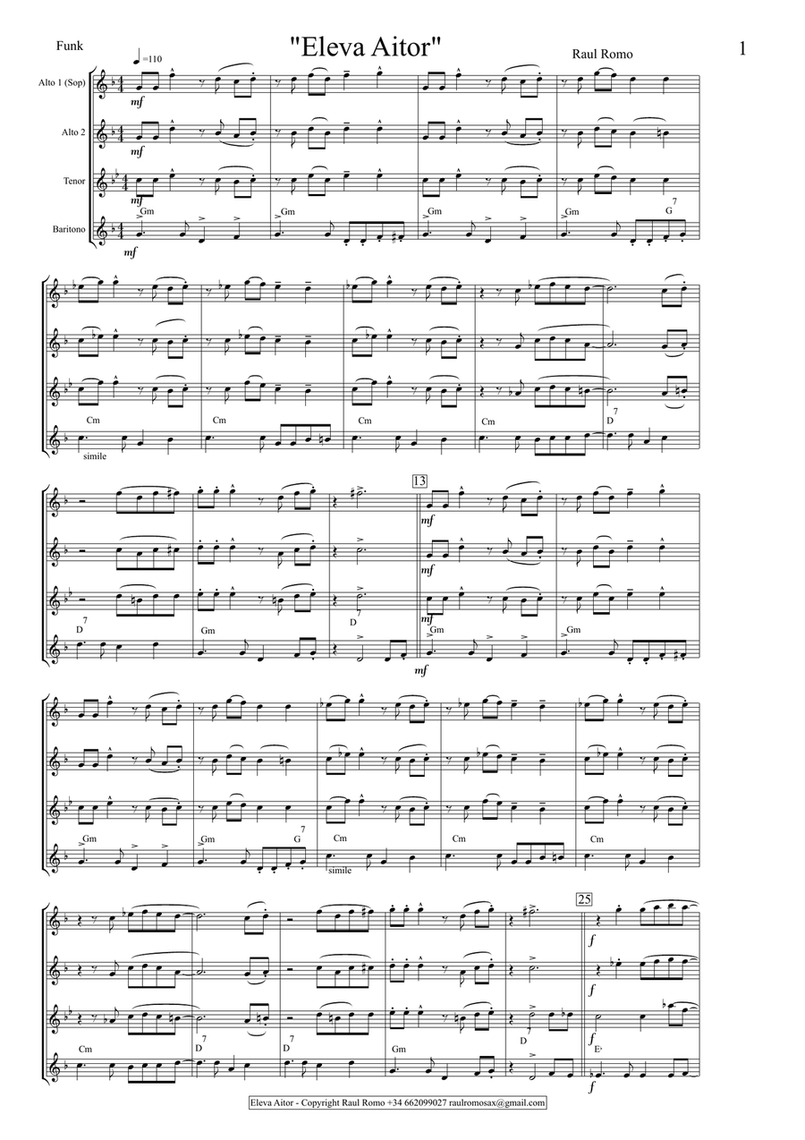 Student Sax Quartet - ELEVAITOR Saxophone Quartet scores gallery preview page 1