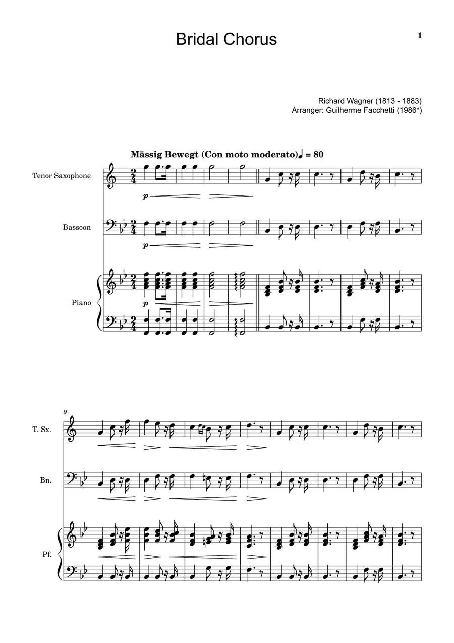 Bridal Chorus. R. Wagner - T. Sax., Bassoon and Piano. Score and Parts. Woodwind Duet scores gallery preview page 1