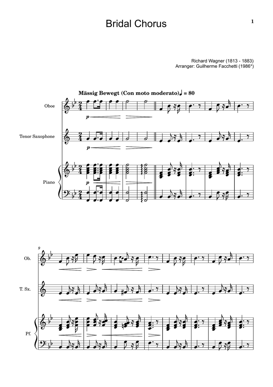 Bridal Chorus. R. Wagner - Oboe, T. Sax. and Piano. Score and Parts. Woodwind Duet scores gallery preview page 1