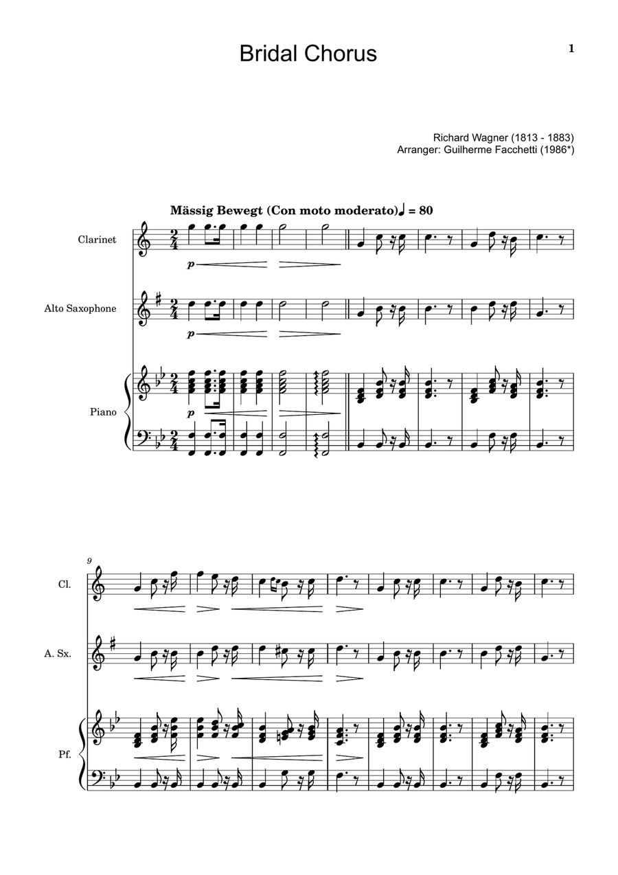 Bridal Chorus. R. Wagner - Clarinet, A. Sax. and Piano. Score and Parts. Woodwind Duet scores gallery preview page 1