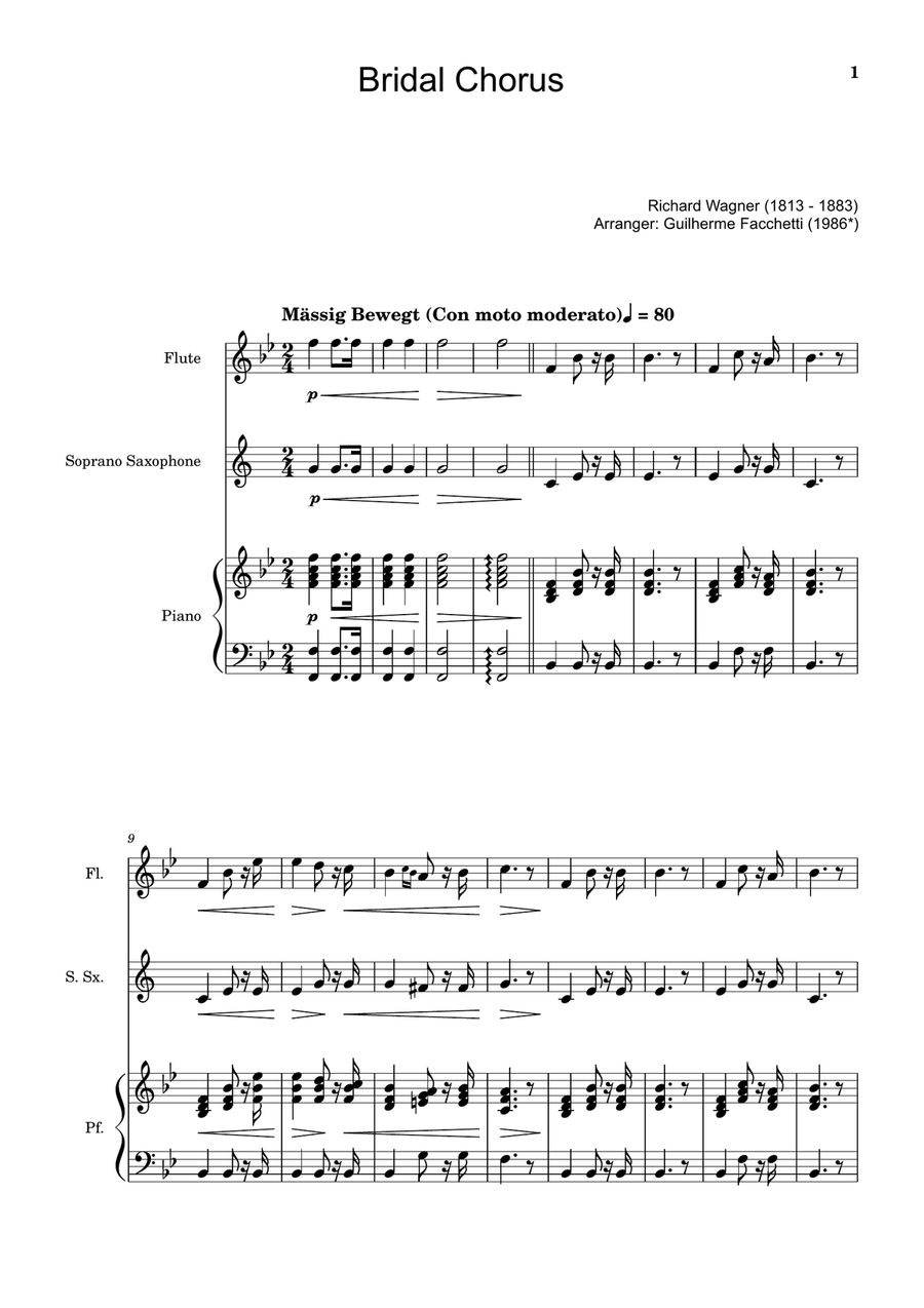 Bridal Chorus. R. Wagner - Flute, S. Sax. and Piano. Score and Parts. Woodwind Duet scores gallery preview page 1