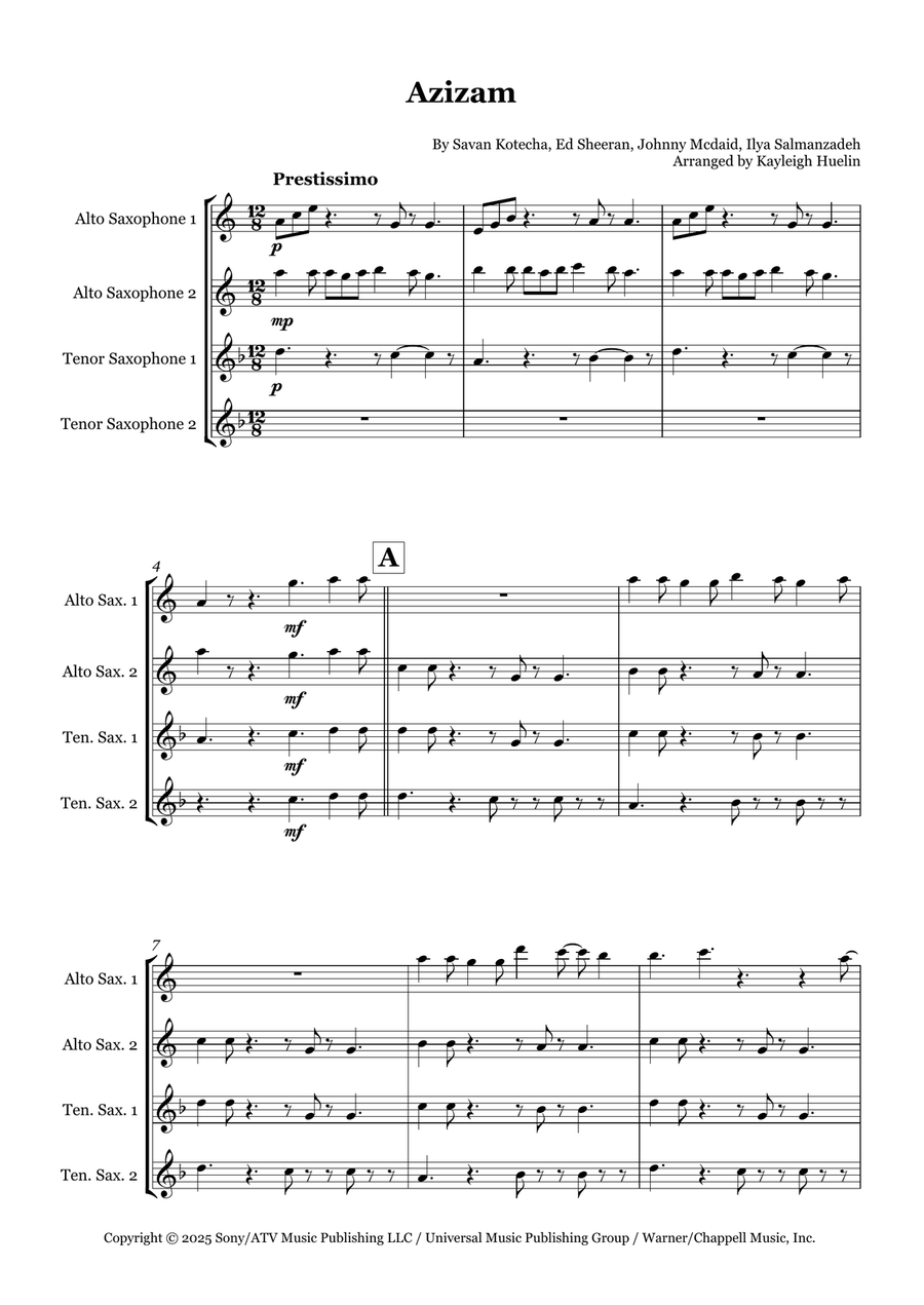 Azizam Azizam Saxophone Quartet scores gallery preview page 1