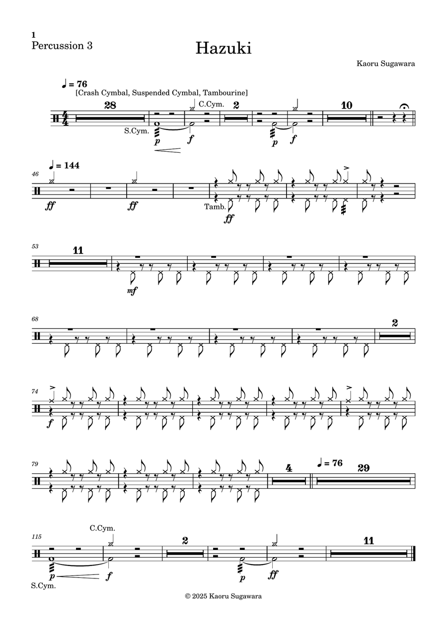 Hazuki (Orchestral version): Percussion 3 (Crash Cymbal, Suspended Cymbal, Tambourine) Full Orchestra scores gallery preview page 1