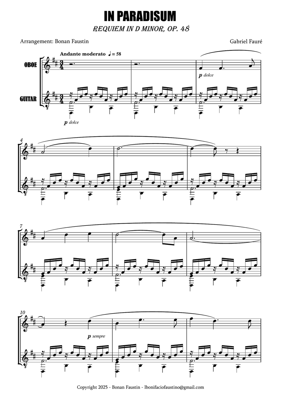 IN PARADISUM [GABRIEL FAURÉ] FOR OBOE AND GUITAR Oboe scores gallery preview page 2