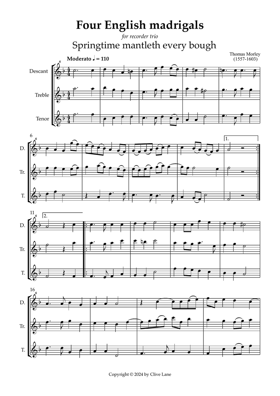 Four English madrigals for recorder trio (d/tr/t) Soprano Recorder scores gallery preview page 3