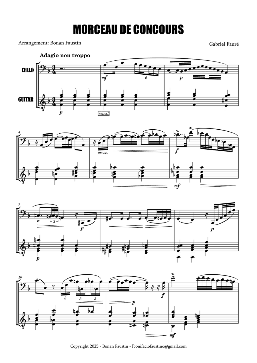 MORCEAU DE CONCOURS [GABRIEL FAURÉ] FOR CELLO AND GUITAR String Duet scores gallery preview page 2