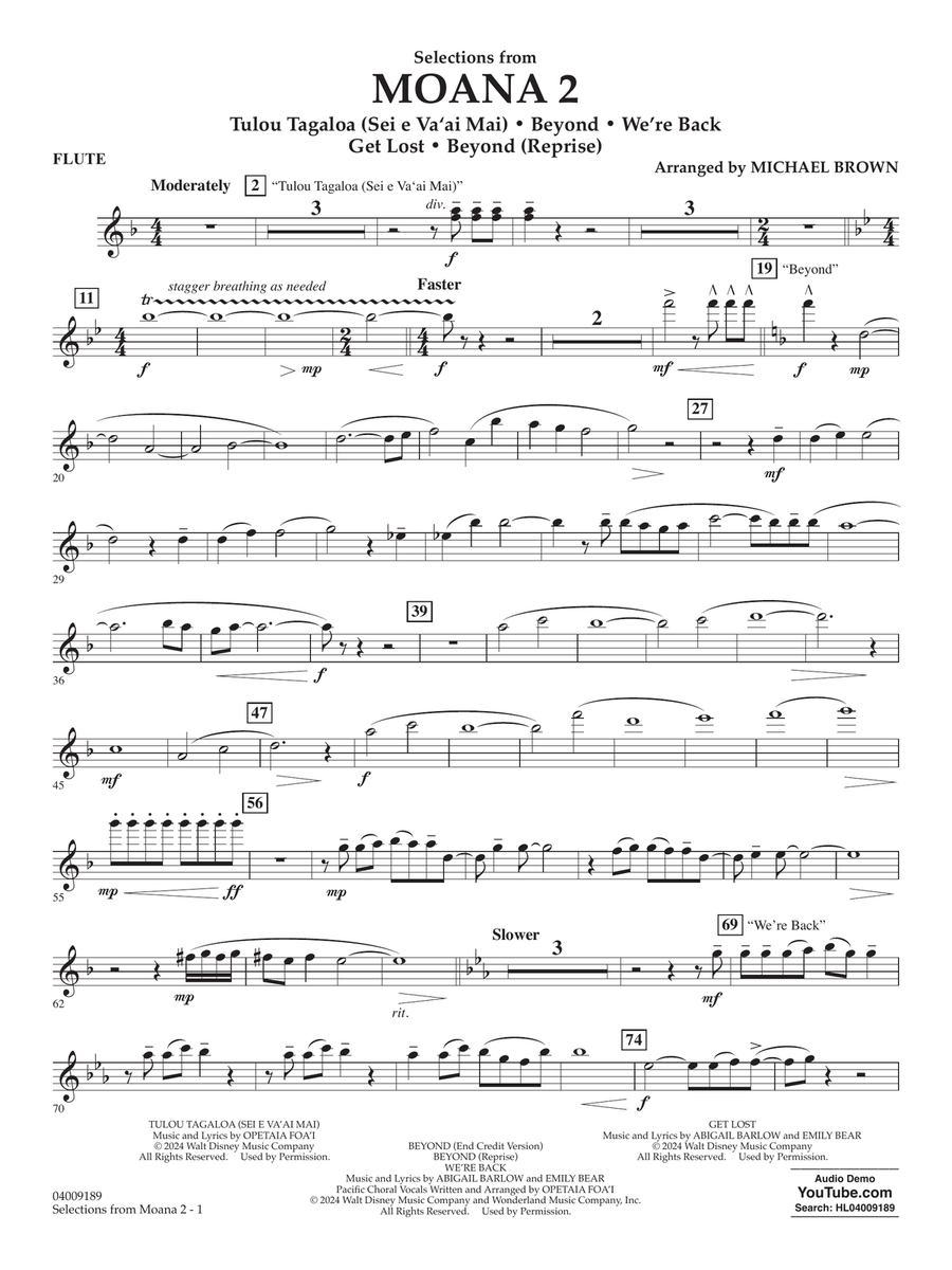 Selections from Moana 2 (arr. Michael Brown) - Flute Concert Band scores gallery preview page 1