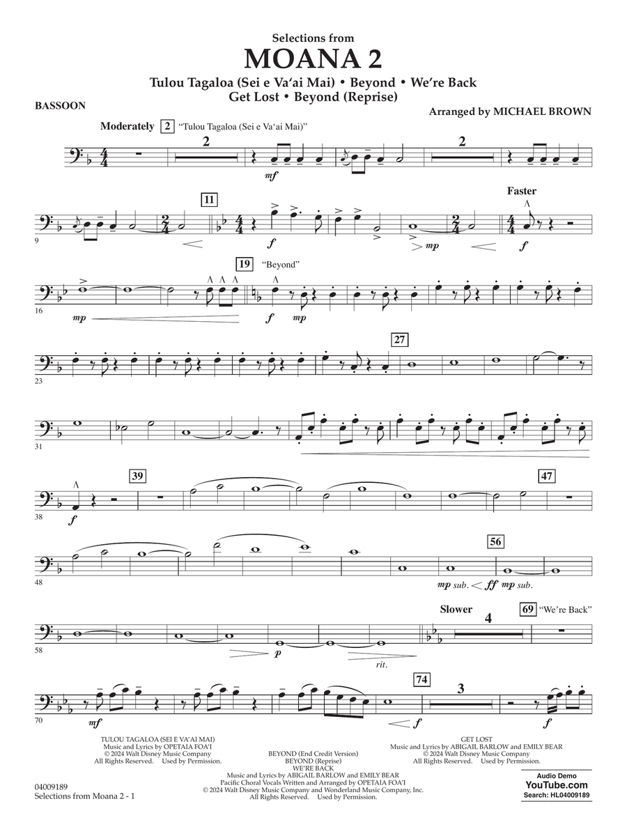 Selections from Moana 2 (arr. Michael Brown) - Bassoon Concert Band scores gallery preview page 1