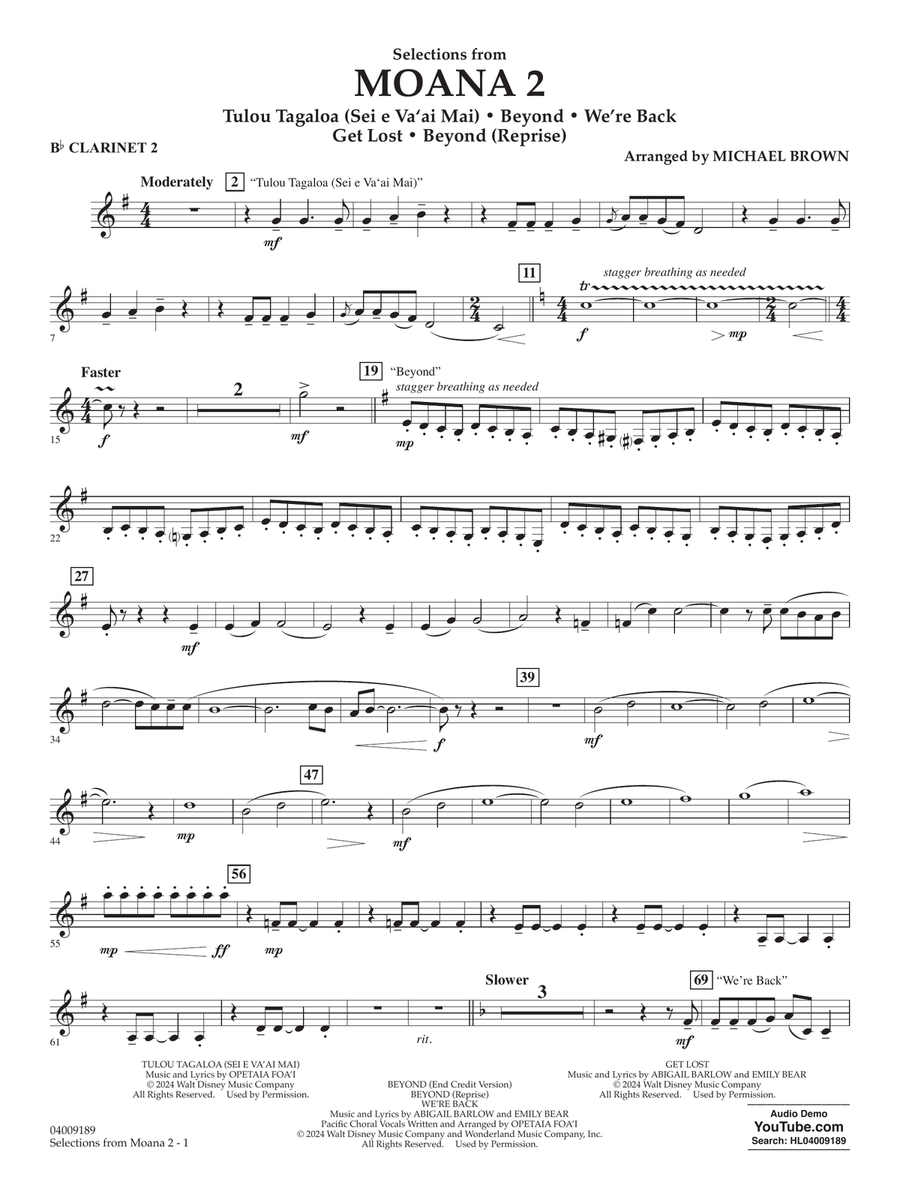 Selections from Moana 2 (arr. Michael Brown) - Bb Clarinet 2 Concert Band scores gallery preview page 1