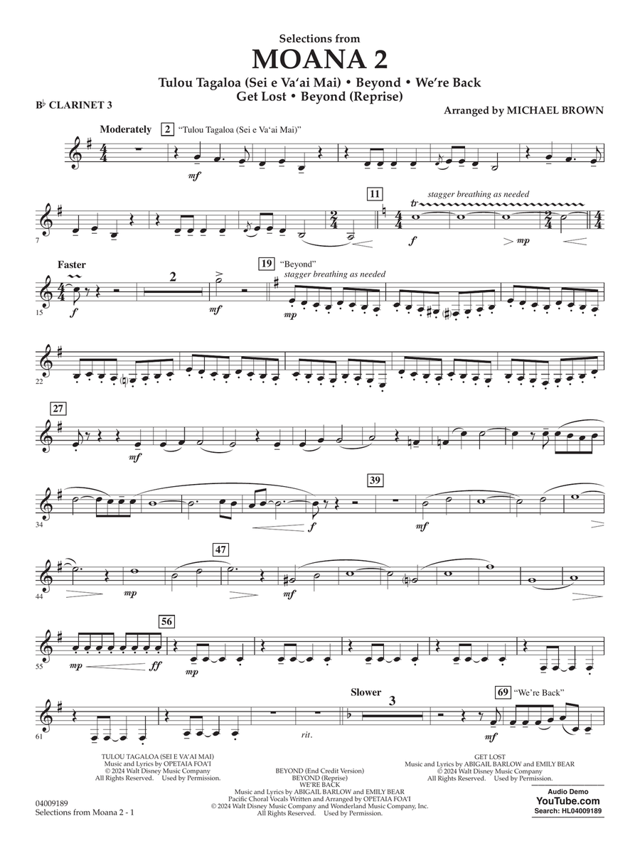 Selections from Moana 2 (arr. Michael Brown) - Bb Clarinet 3 Concert Band scores gallery preview page 1