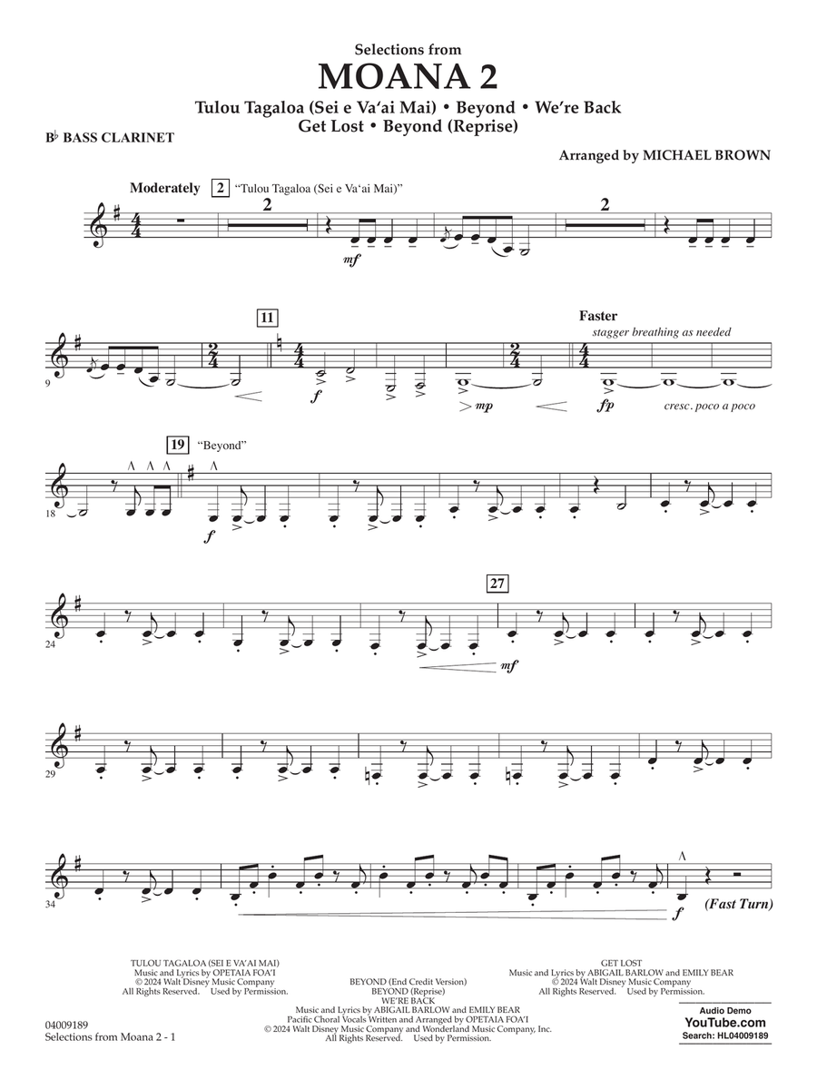 Selections from Moana 2 (arr. Michael Brown) - Bb Bass Clarinet Concert Band scores gallery preview page 1