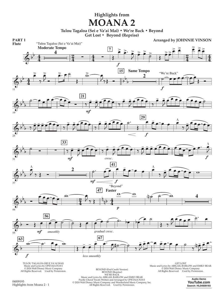 Highlights from Moana 2 (arr. Johnnie Vinson) - Pt.1 - Flute Concert Band scores gallery preview page 1