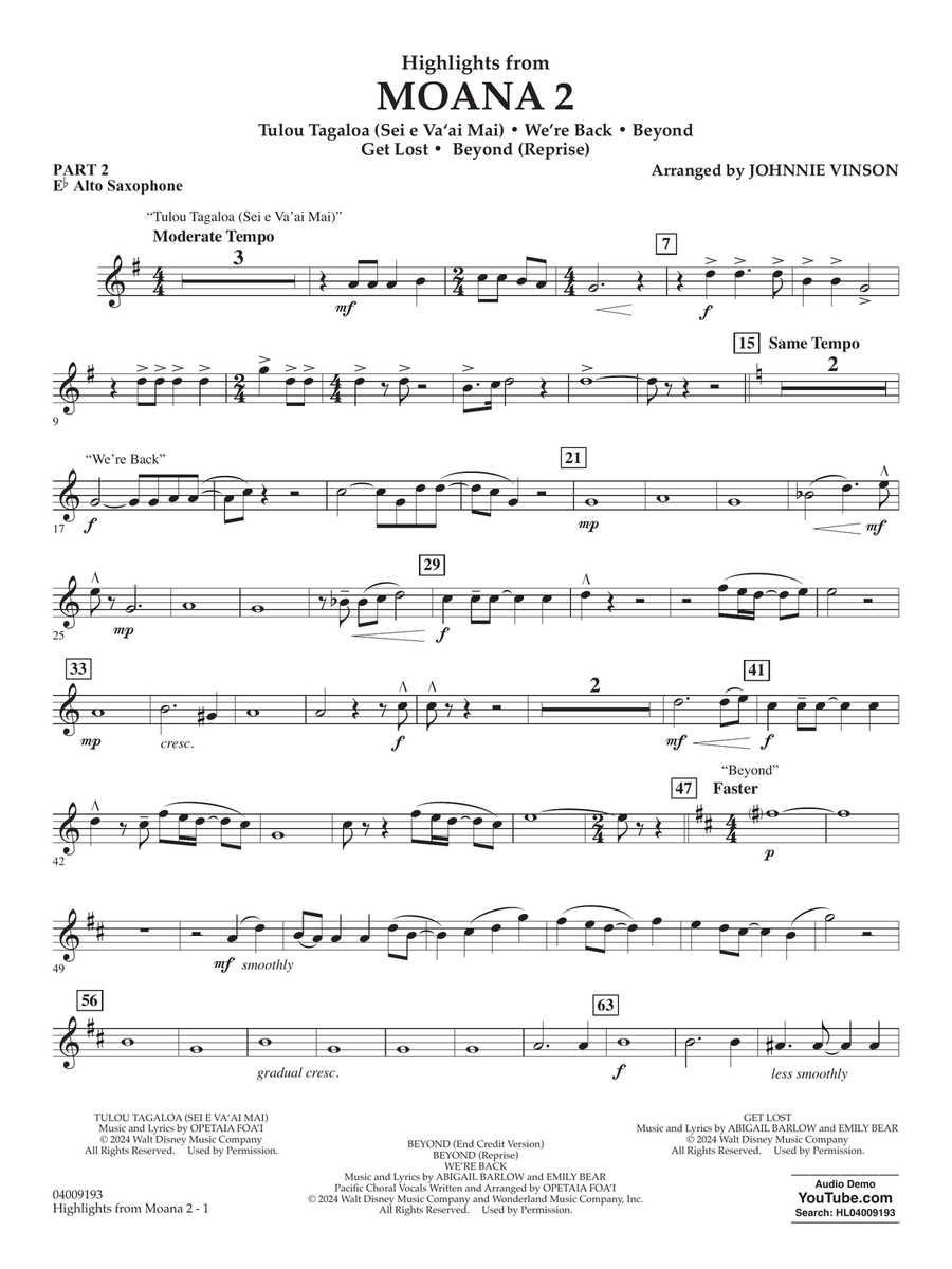 Highlights from Moana 2 (arr. Johnnie Vinson) - Pt.2 - Eb Alto Saxophone Concert Band scores gallery preview page 1