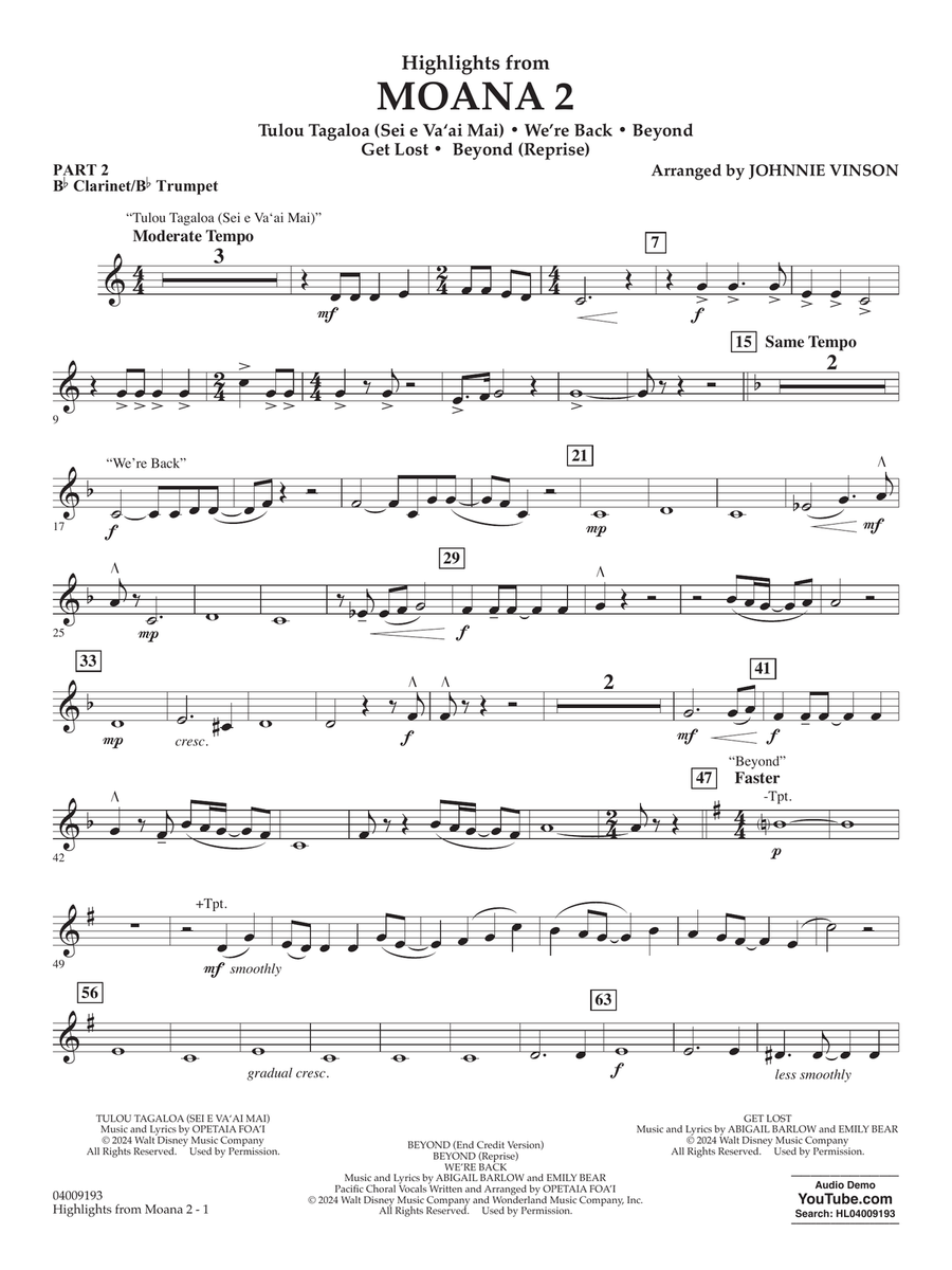 Highlights from Moana 2 (arr. Johnnie Vinson) - Pt.2 - Bb Clarinet/Bb Trumpet Concert Band scores gallery preview page 1