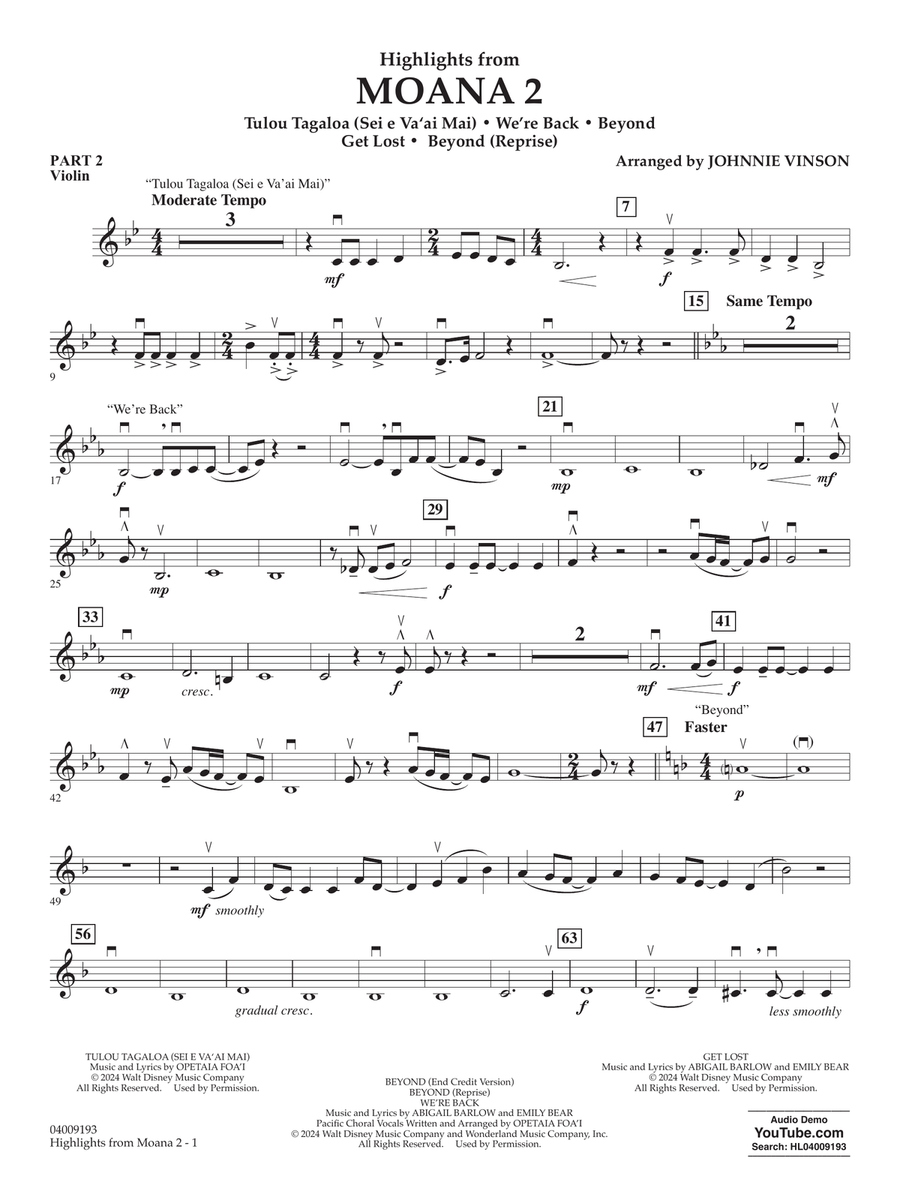 Highlights from Moana 2 (arr. Johnnie Vinson) - Pt.2 - Violin Concert Band scores gallery preview page 1