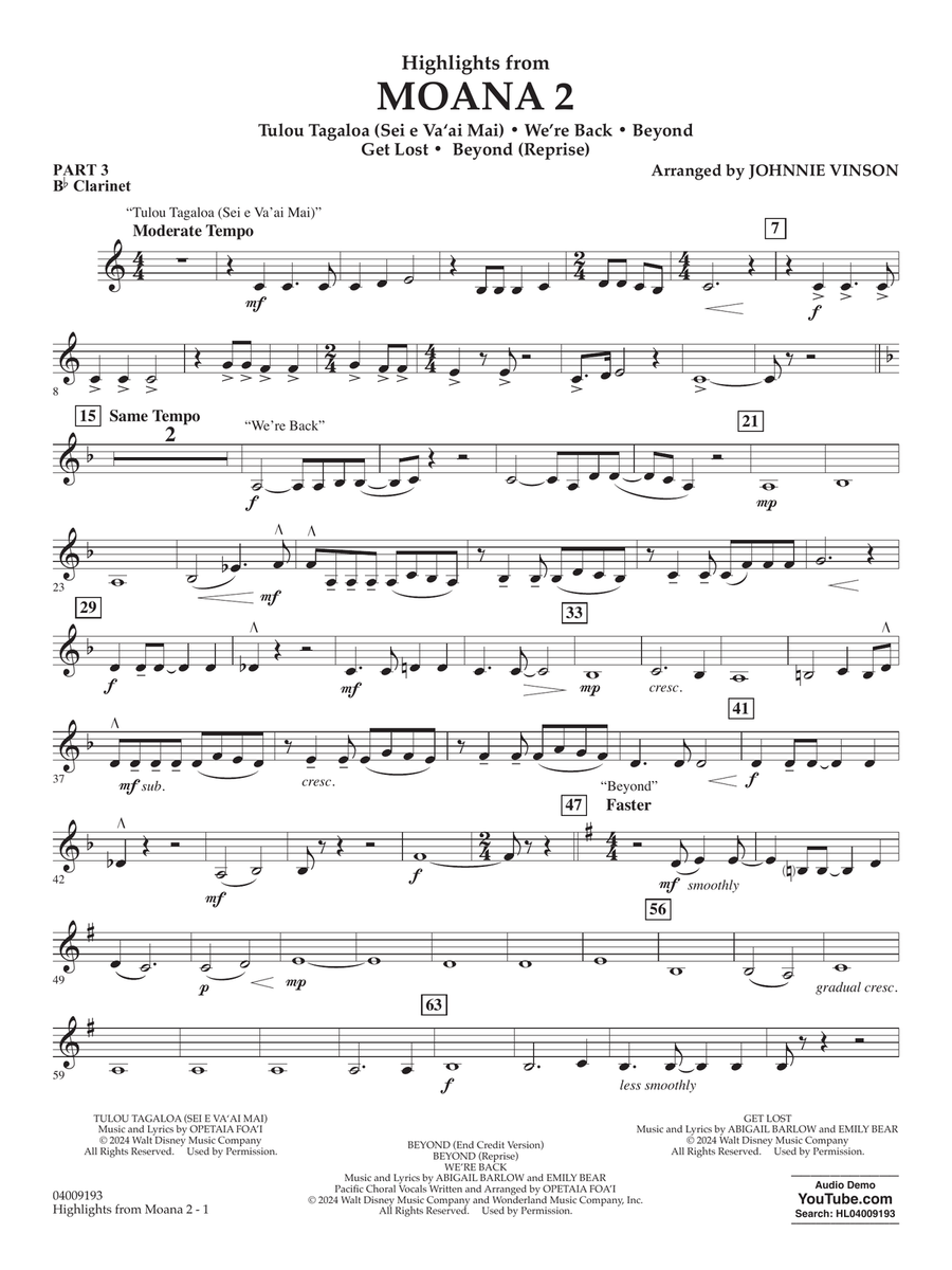 Highlights from Moana 2 (arr. Johnnie Vinson) - Pt.3 - Bb Clarinet Concert Band scores gallery preview page 1