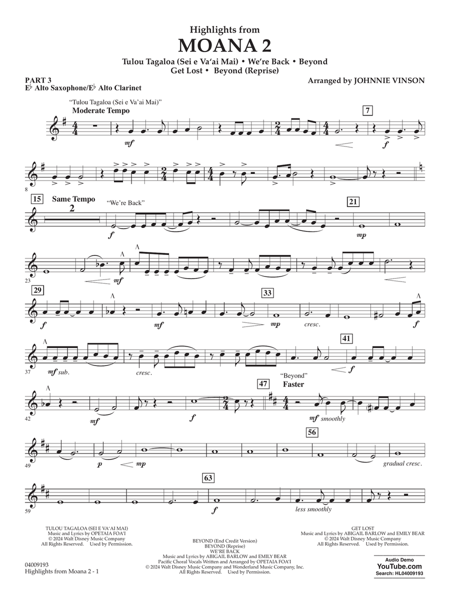 Highlights from Moana 2 (arr. Johnnie Vinson) - Pt.3 - Eb Alto Sax/Alto Clar. Concert Band scores gallery preview page 1