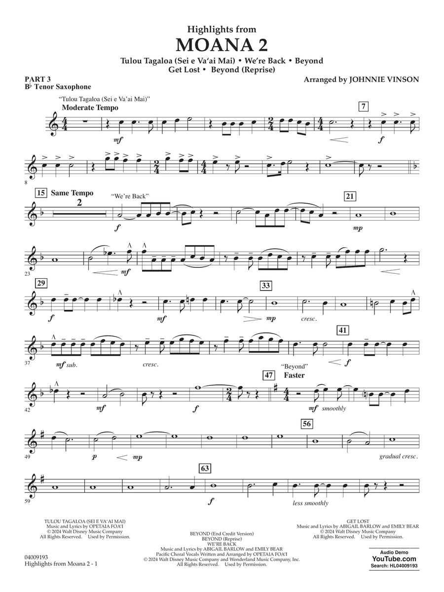 Highlights from Moana 2 (arr. Johnnie Vinson) - Pt.3 - Bb Tenor Saxophone Concert Band scores gallery preview page 1