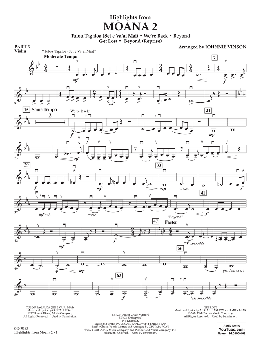Highlights from Moana 2 (arr. Johnnie Vinson) - Pt.3 - Violin Concert Band scores gallery preview page 1