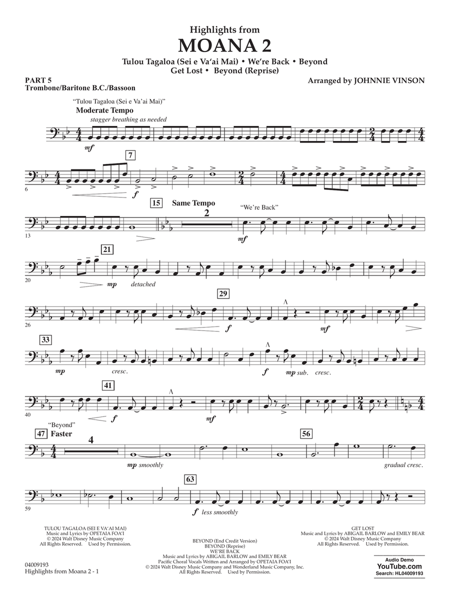 Highlights from Moana 2 (arr. Johnnie Vinson) - Pt.5 - Trombone/Bar. B.C./Bsn. Concert Band scores gallery preview page 1