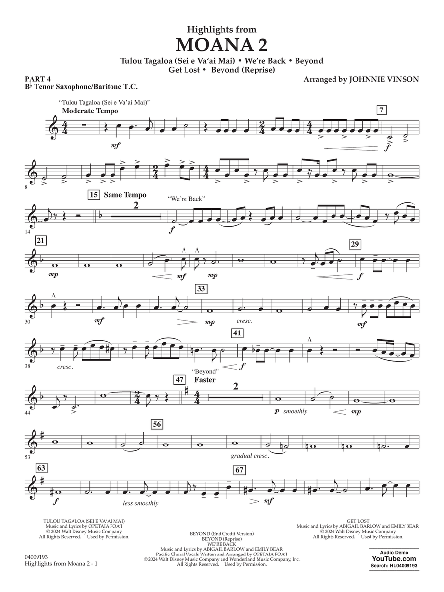 Highlights from Moana 2 (arr. Johnnie Vinson) - Pt.4 - Bb Tenor Sax/Bar. T.C. Concert Band scores gallery preview page 1