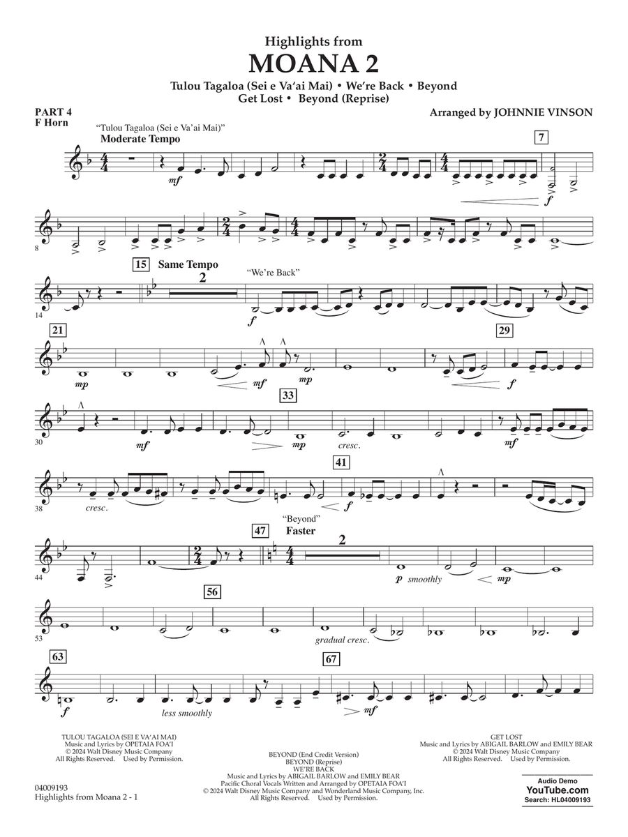 Highlights from Moana 2 (arr. Johnnie Vinson) - Pt.4 - F Horn Concert Band scores gallery preview page 1