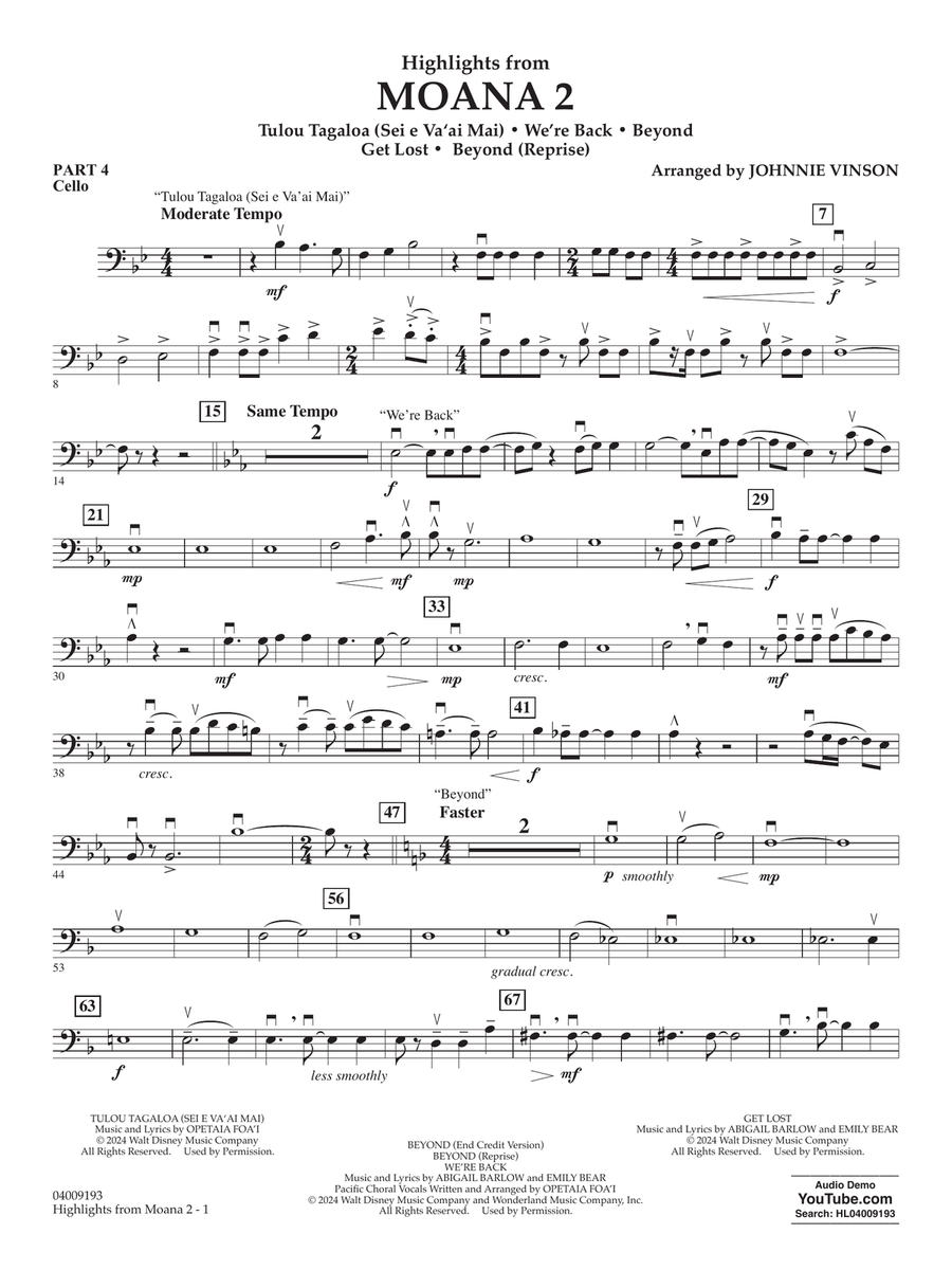 Highlights from Moana 2 (arr. Johnnie Vinson) - Pt.4 - Cello Concert Band scores gallery preview page 1