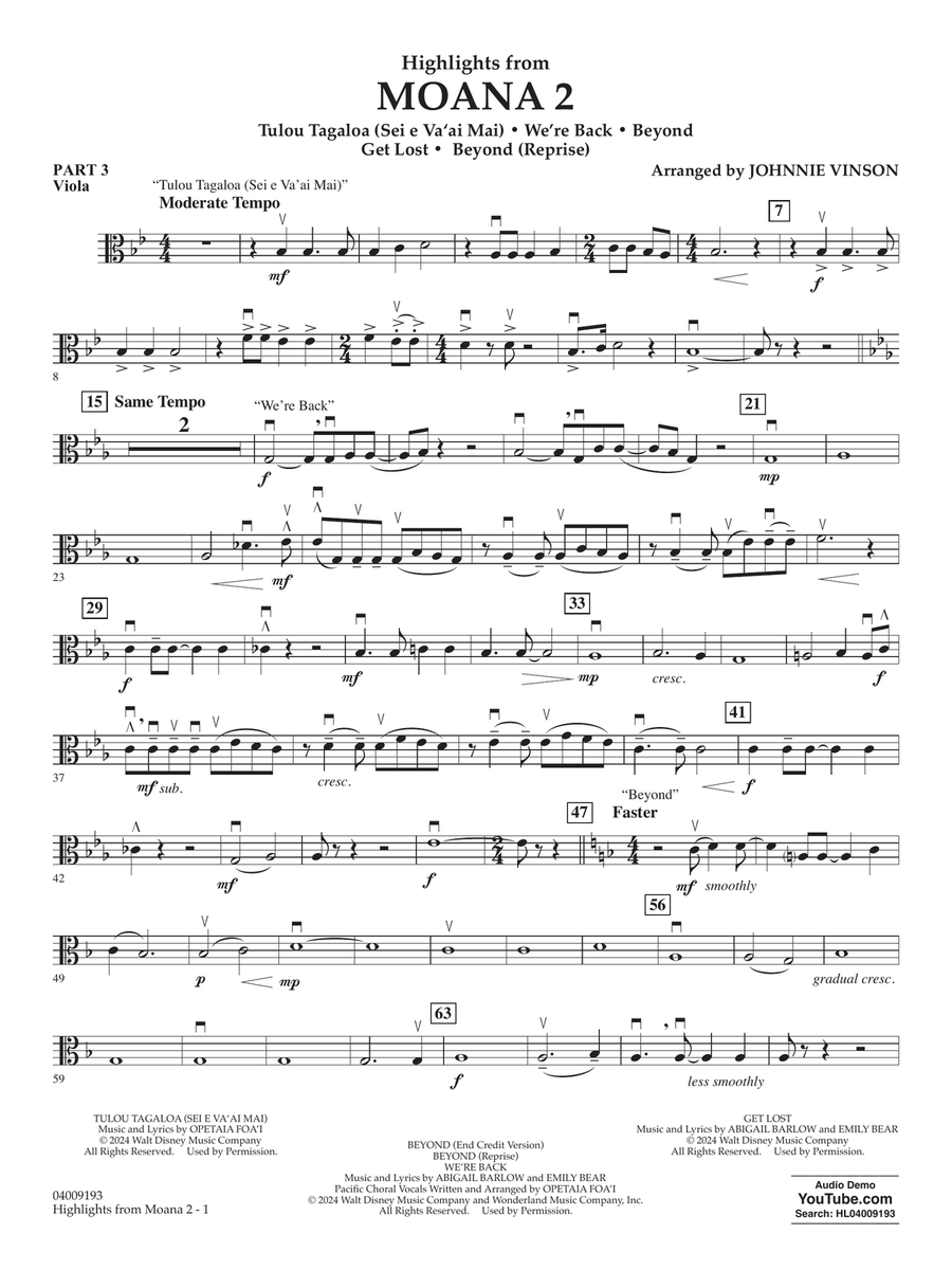 Highlights from Moana 2 (arr. Johnnie Vinson) - Pt.3 - Viola Concert Band scores gallery preview page 1