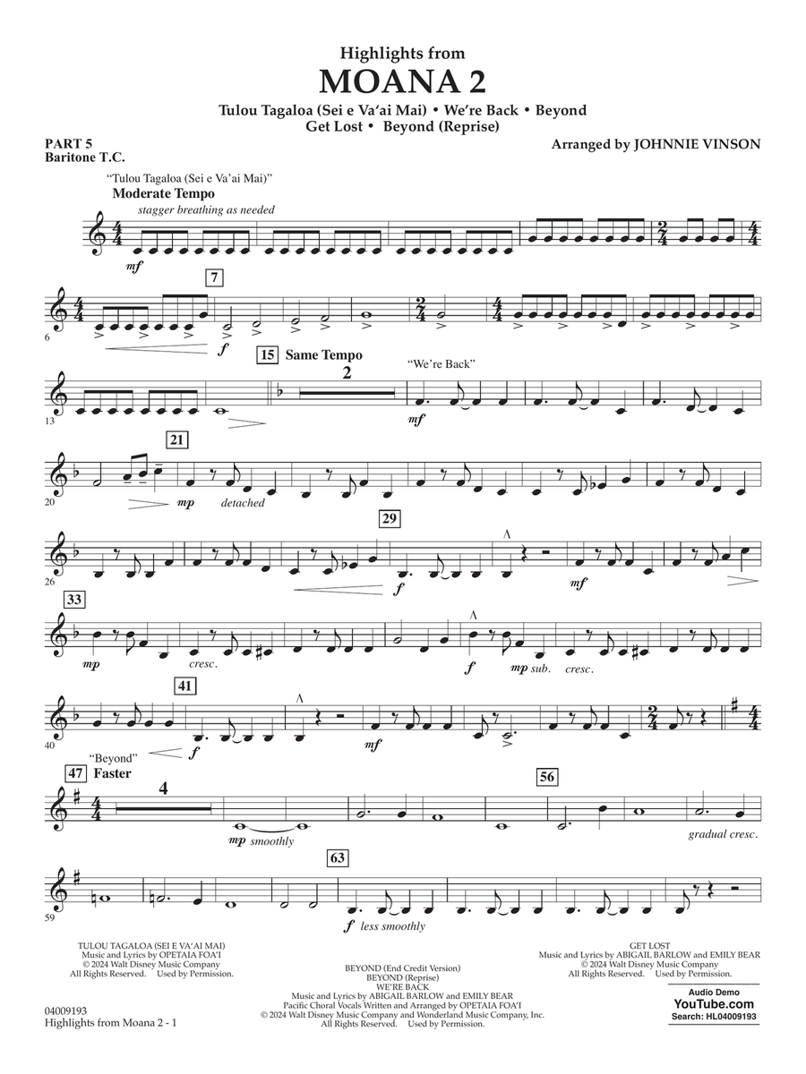 Highlights from Moana 2 (arr. Johnnie Vinson) - Pt.5 - Baritone T.C. Concert Band scores gallery preview page 1