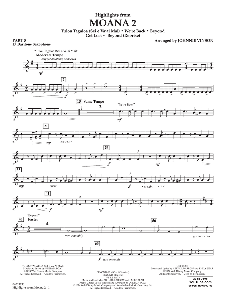 Highlights from Moana 2 (arr. Johnnie Vinson) - Pt.5 - Eb Baritone Saxophone Concert Band scores gallery preview page 1