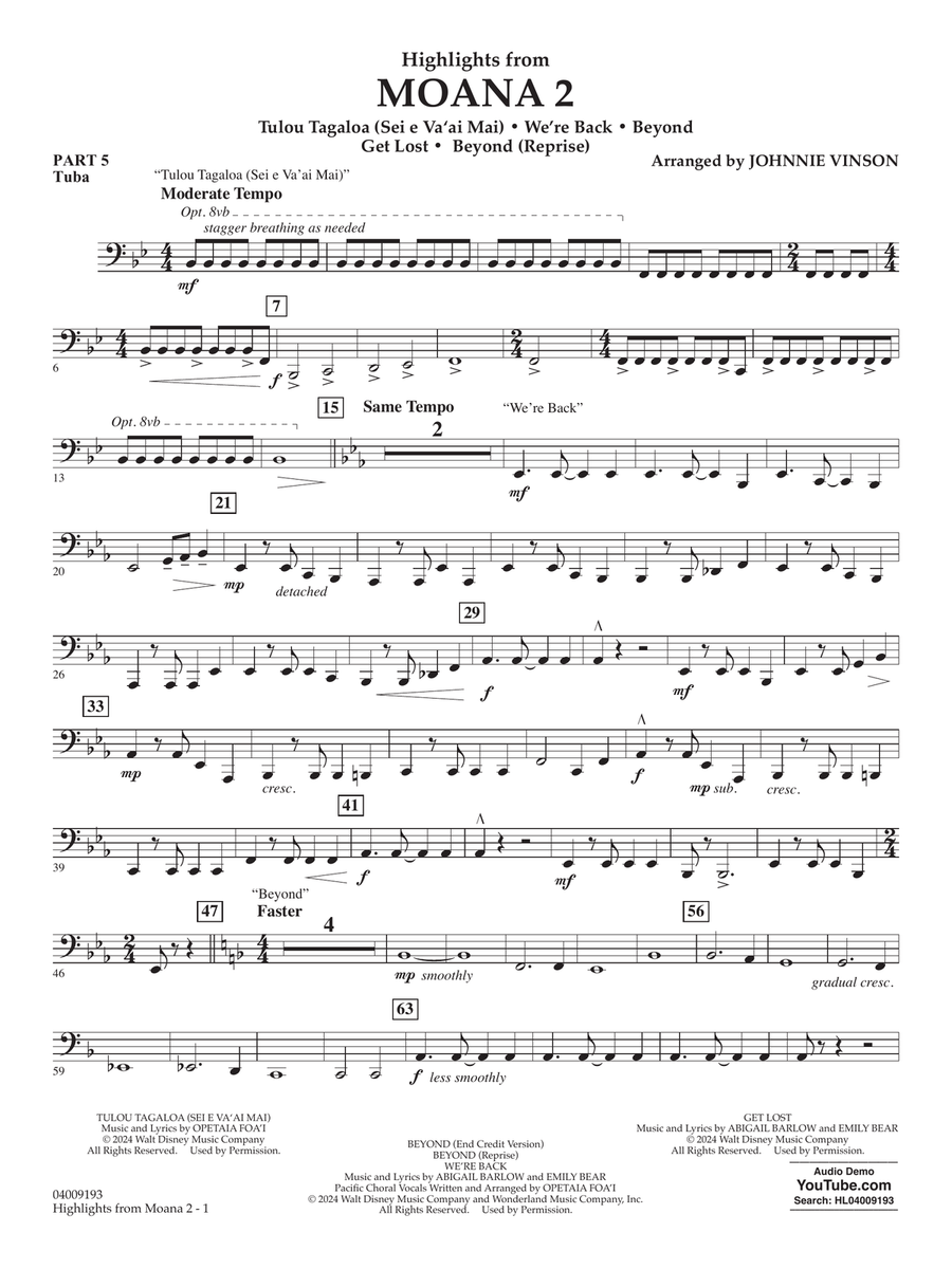 Highlights from Moana 2 (arr. Johnnie Vinson) - Pt.5 - Tuba Concert Band scores gallery preview page 1