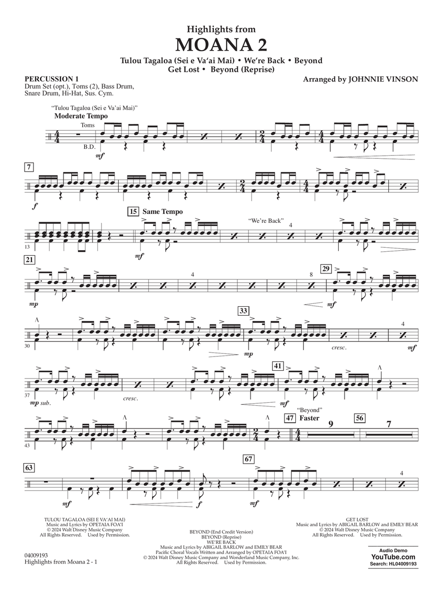 Highlights from Moana 2 (arr. Johnnie Vinson) - Percussion 1 Concert Band scores gallery preview page 1