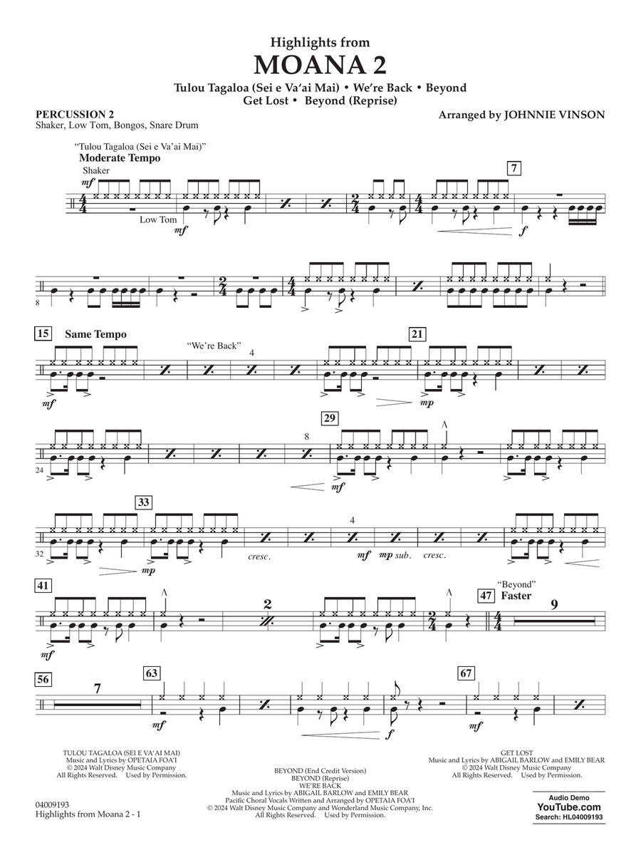 Highlights from Moana 2 (arr. Johnnie Vinson) - Percussion 2 Concert Band scores gallery preview page 1