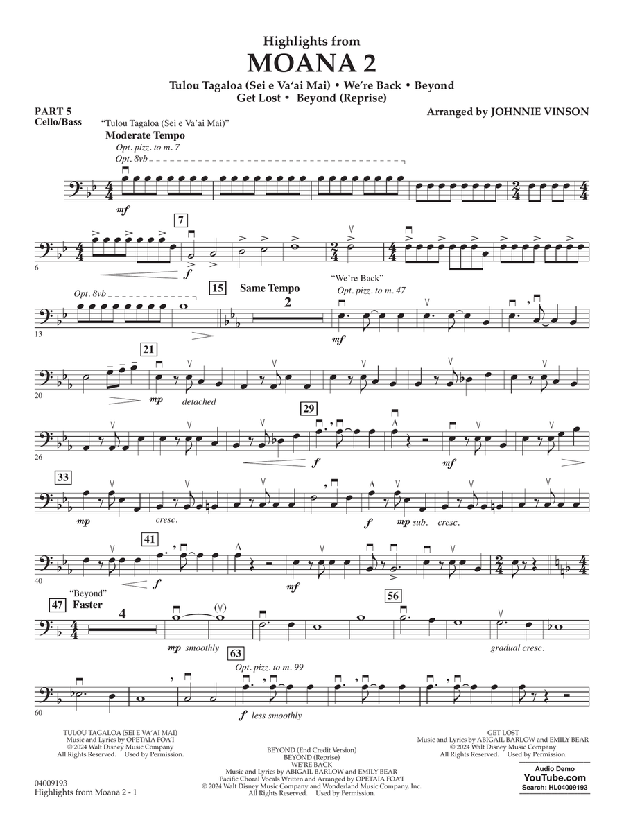 Highlights from Moana 2 (arr. Johnnie Vinson) - Pt. 5 - Cello/Bass Concert Band scores gallery preview page 1