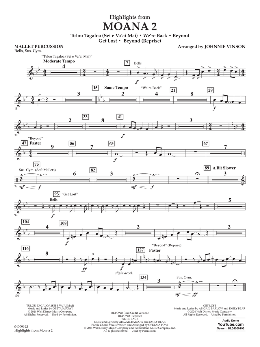 Highlights from Moana 2 (arr. Johnnie Vinson) - Mallet Percussion Concert Band scores gallery preview page 1