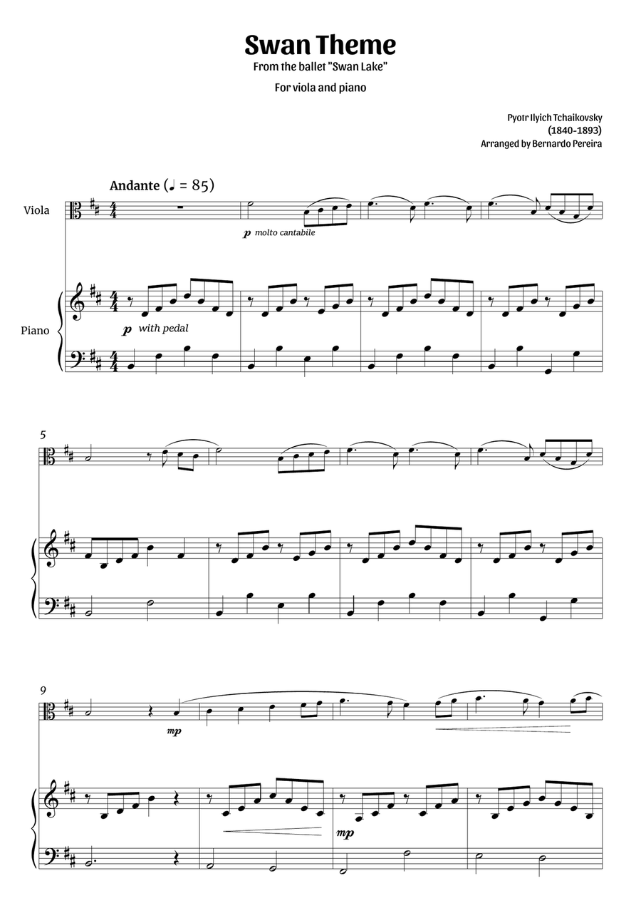 Swan Theme (viola and piano – clean sheet music) Piano scores gallery preview page 1