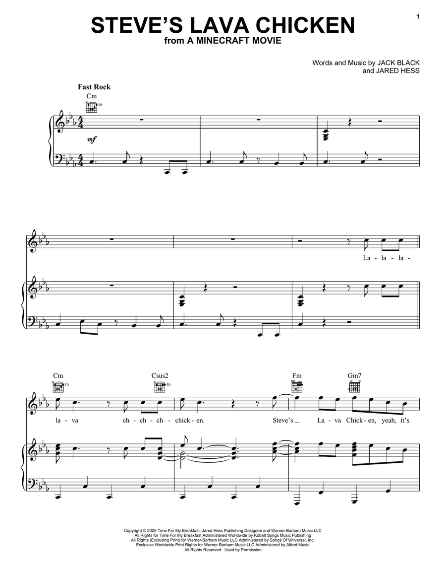 Steve's Lava Chicken (from A Minecraft Movie) Piano, Vocal, Guitar scores gallery preview page 1