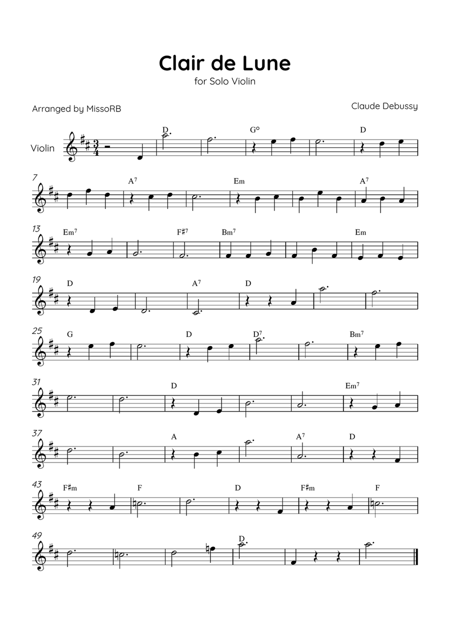 Clair de Lune - Solo Volin in D Major With Chords - Beginner Violin Solo scores gallery preview page 1