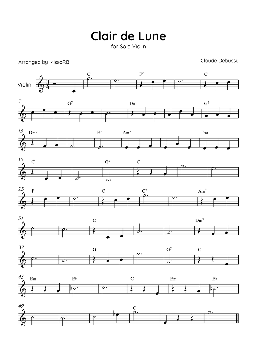 Clair de Lune - Solo Violin in C Major With Chords - Beginner Violin Solo scores gallery preview page 1