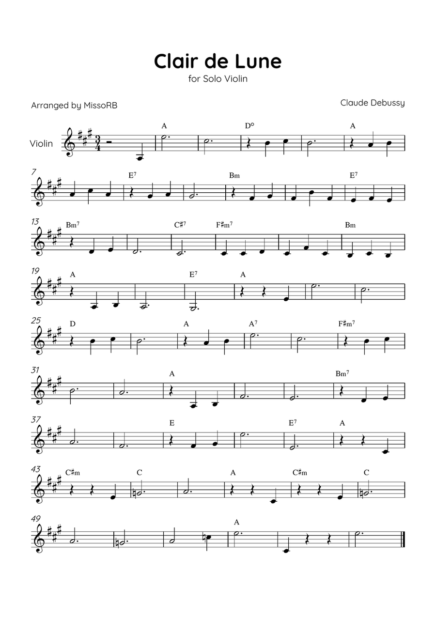 Clair de Lune - Solo Violin in A Major With Chords - Beginner Violin Solo scores gallery preview page 1