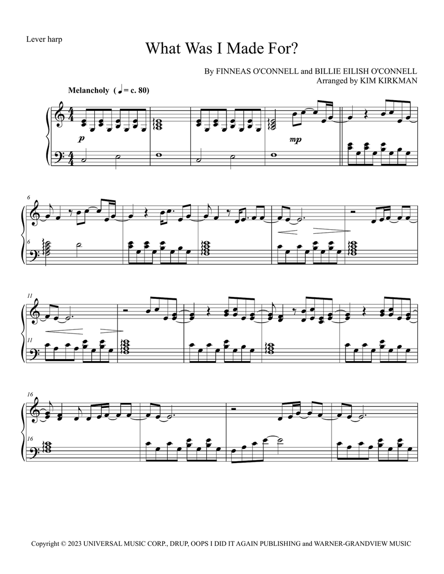 What Was I Made For? Celtic Harp scores gallery preview page 1