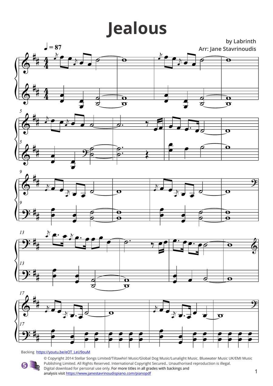 Jealous Piano Solo scores gallery preview page 1