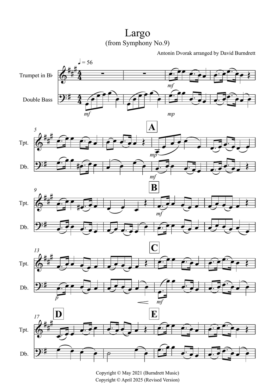Largo (from The New World Symphony) for Trumpet and Double Bass Duet Trumpet Duet scores gallery preview page 1