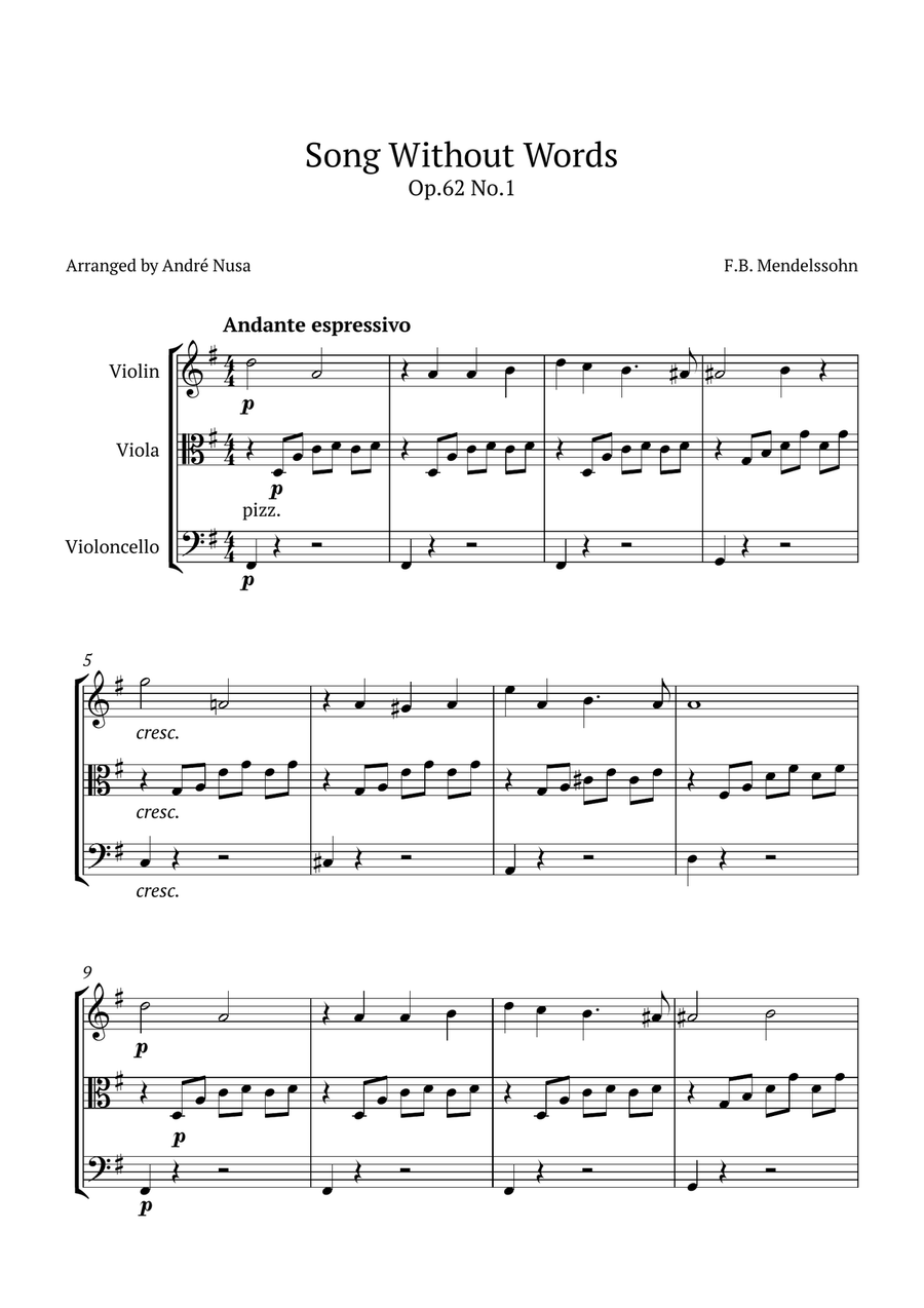 Song Without Words Op.62 No.1 String Trio scores gallery preview page 1