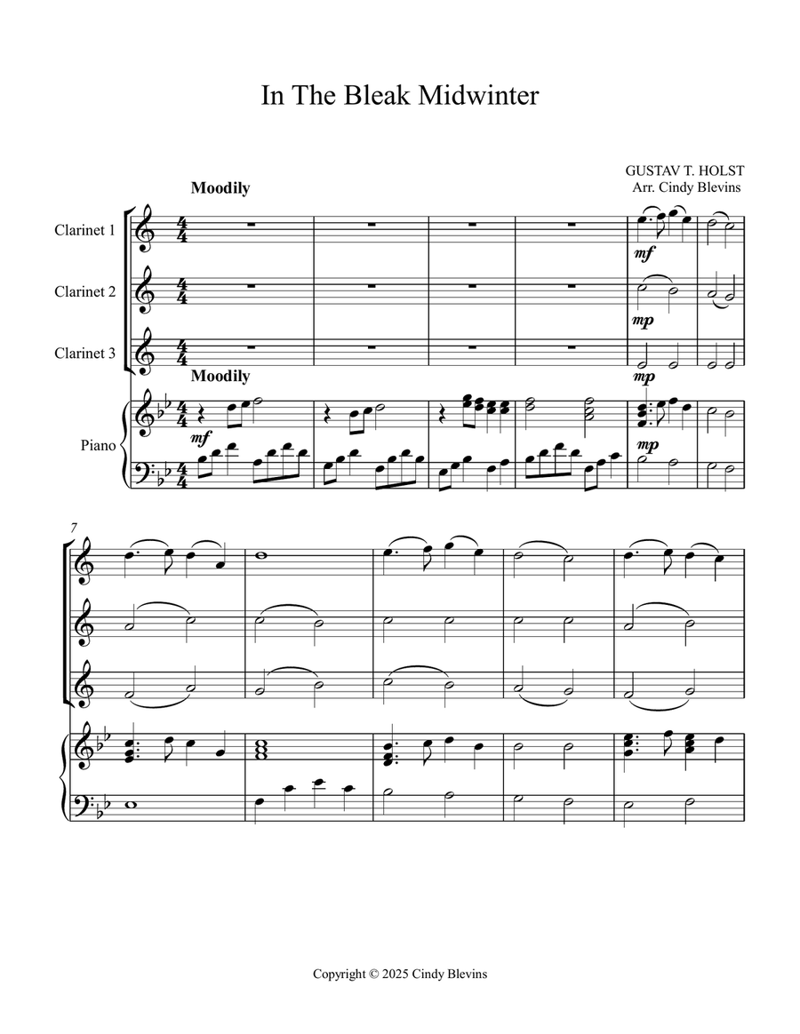 In the Bleak Midwinter, for Three Clarinets and Piano Small Ensemble scores gallery preview page 2