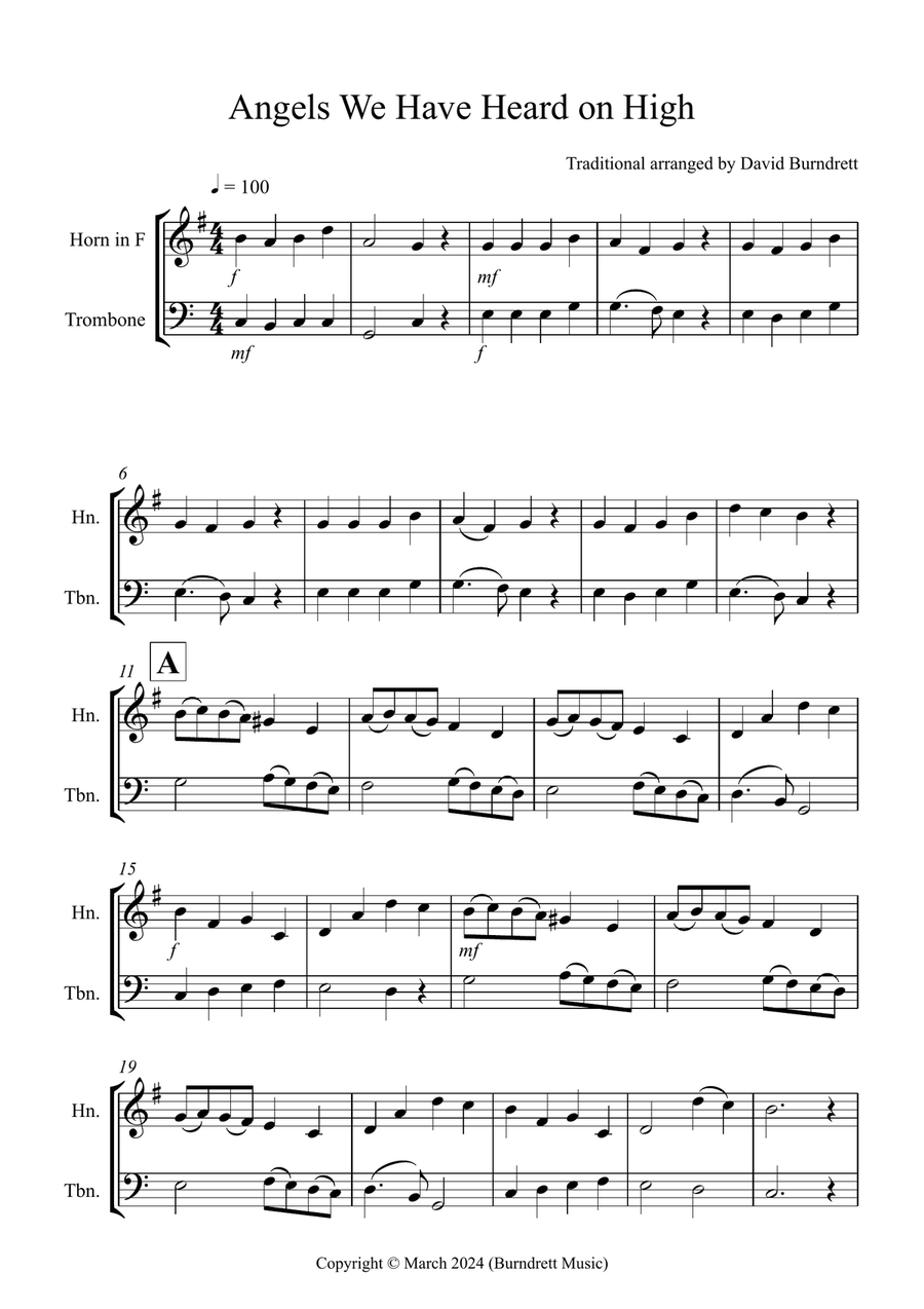 Angels We Have Heard on High for Horn and Trombone Duet Brass Duet scores gallery preview page 1