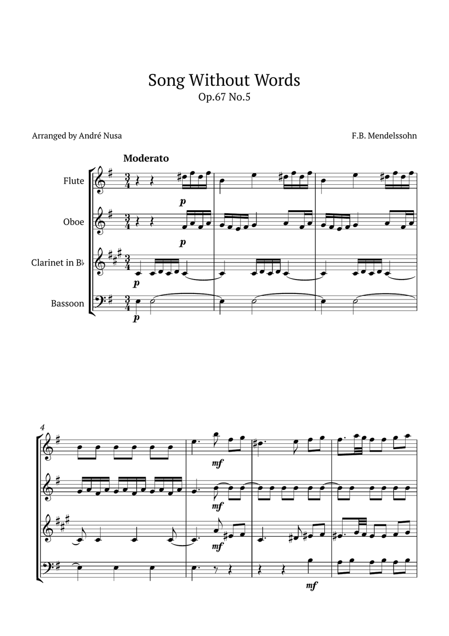 Song Without Words Op.67 No.5 Woodwind Quartet scores gallery preview page 1